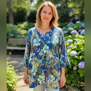 D & CO TROPICAL PLANT PRINT COTTON KNIT BLOUSE WOMENS SIZE  2X